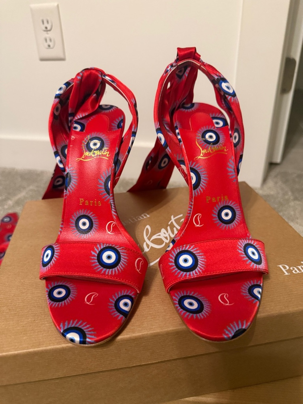 Christian Louboutin Red Satin Eye-Print Stiletto Sandals with Ankle Tie - Picture 6 of 6